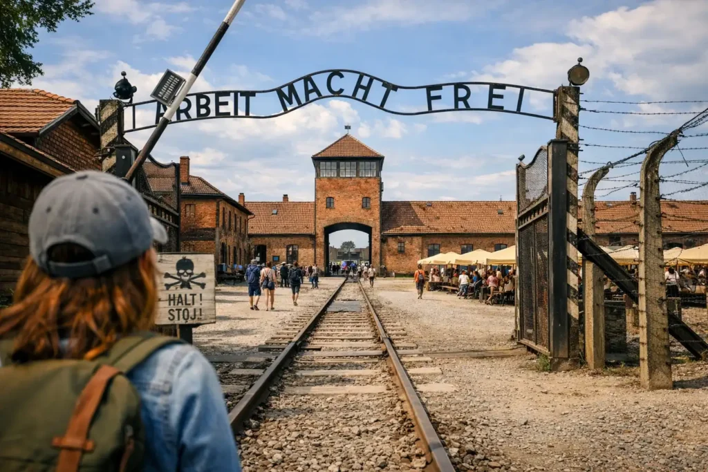 Foto turística del campo de concentración Auschwitz‑Birkenau con el cartel “Arbeit Macht Frei”.