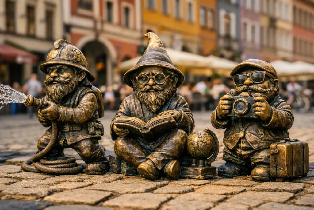 Foto turística de los Gnomos de Wrocław en una calle adoquinada con edificios coloridos al fondo.