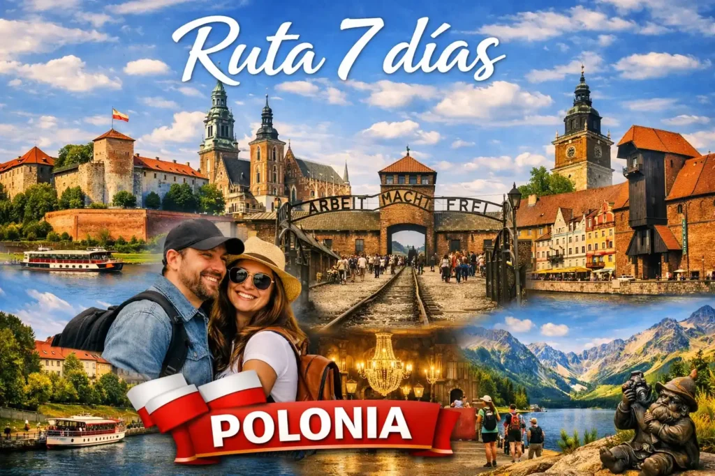 Portada turística de Polonia con el texto “Ruta 7 días” y los principales destinos del país.