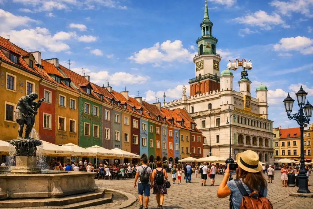 Foto turística de la Plaza del Mercado de Poznań con el Ayuntamiento renacentista y turistas disfrutando del ambiente.