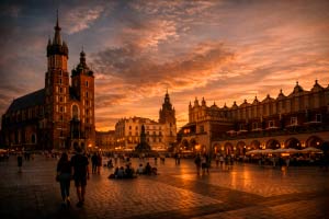 Plaza del Mercado de Cracovia al atardece