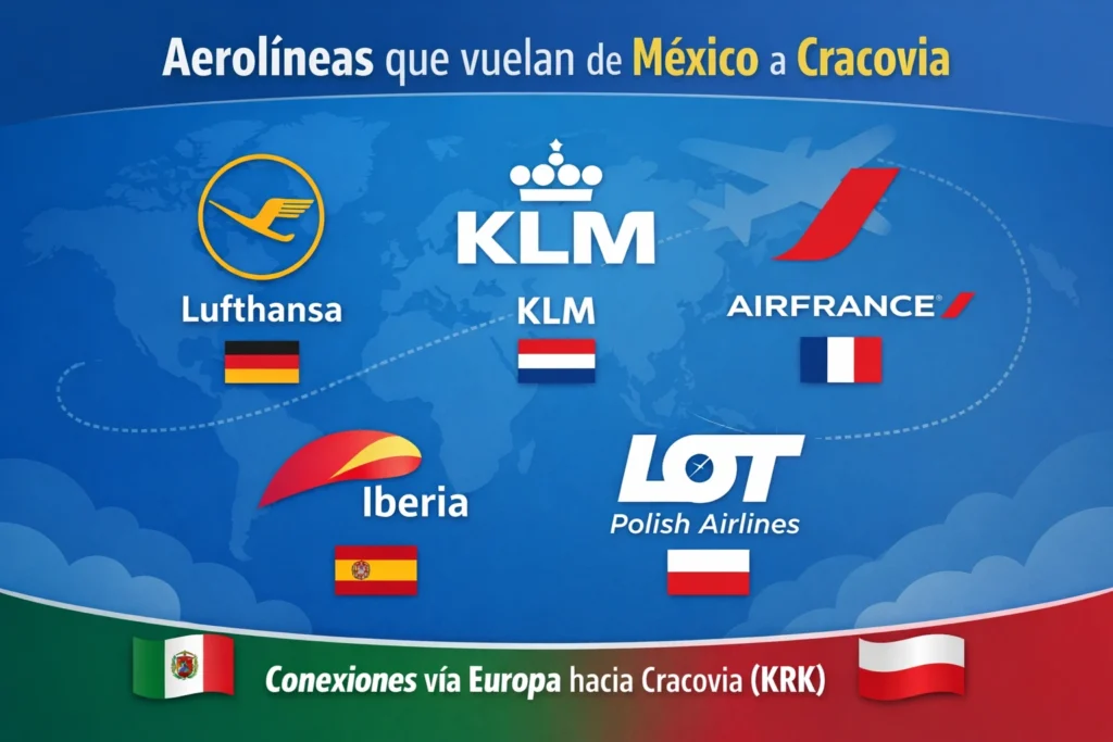 Logos de Lufthansa, KLM, Air France, Iberia y LOT Polish Airlines que conectan México con Cracovia