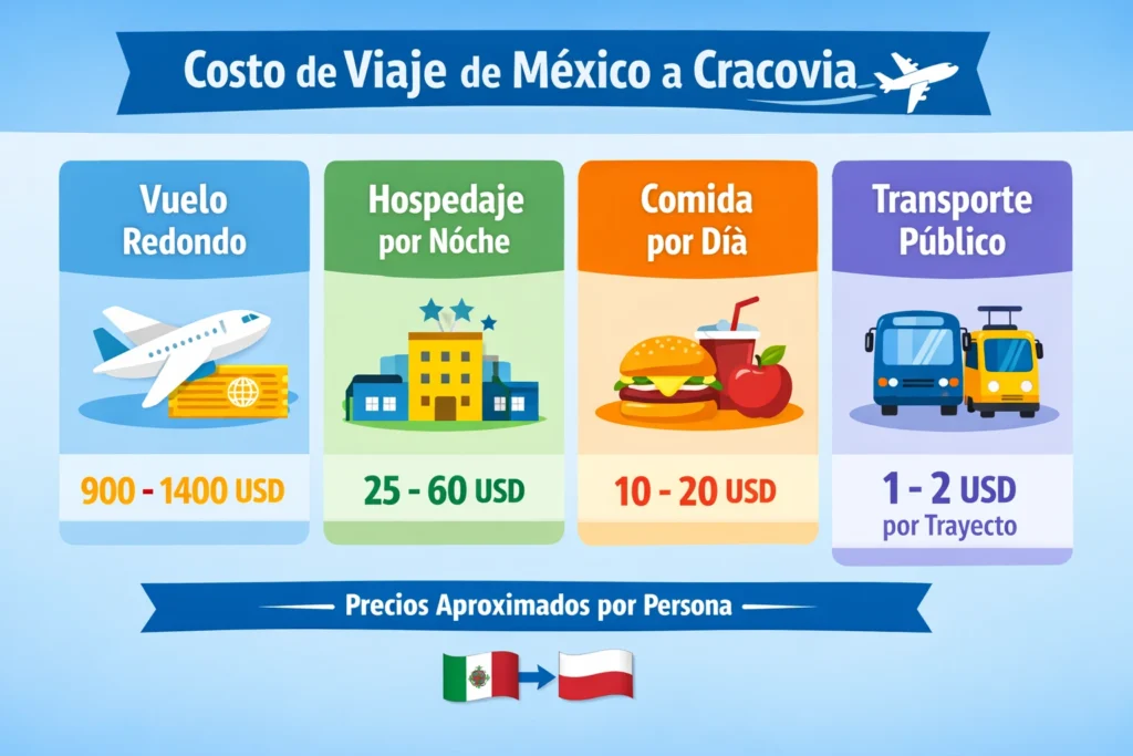 Infografía con costos estimados de vuelo, hospedaje, comida y transporte en Cracovia