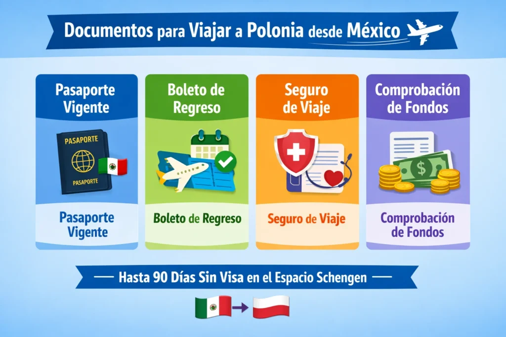 Infografía con pasaporte, boleto de regreso, seguro de viaje y comprobación de fondos para viajar a Polonia