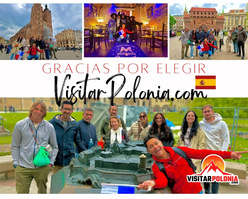 Turistas españoles realizando un free walking tour en Cracovia en español por el casco histórico junto a un guía local