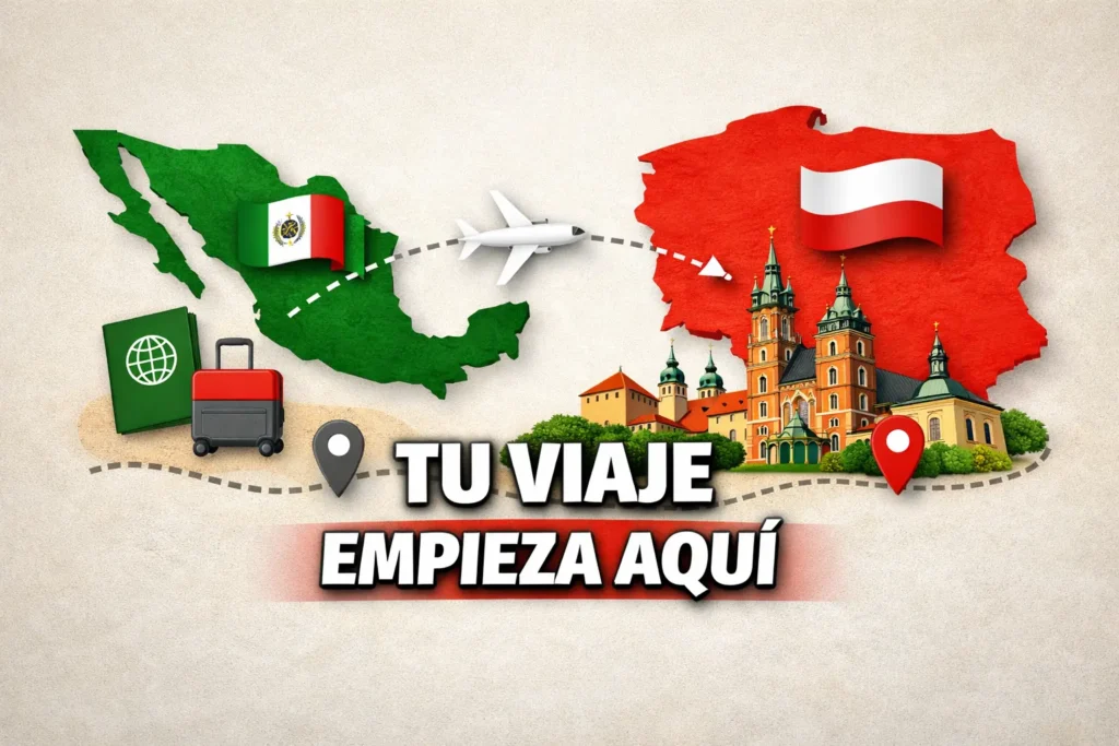 Guía para viajar de México a Cracovia con mapa, avión e iconos minimalistas y CTA Tu viaje empieza aquí