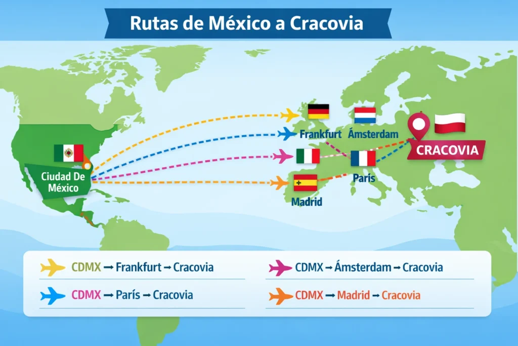 Mapa de rutas desde Ciudad de México hacia Cracovia con escalas en Europa.
