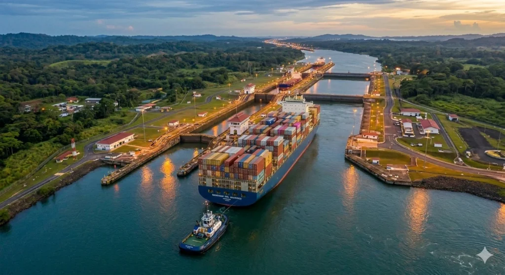 Barco Neopanamax cruzando las esclusas nuevas del Canal de Panamá durante la ampliación