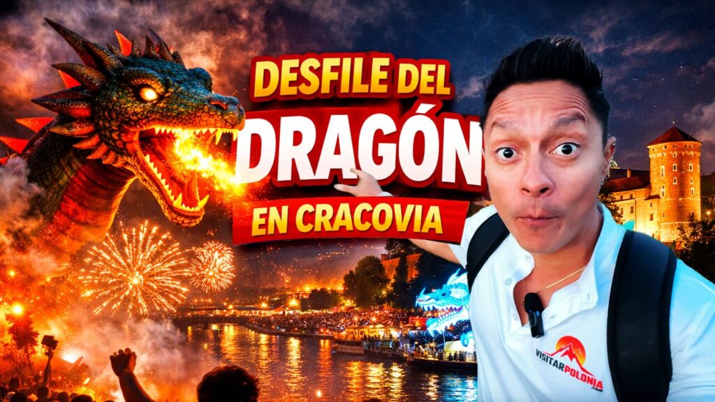 Dragón gigante iluminado durante el Desfile del Dragón de Cracovia junto al río Vístula