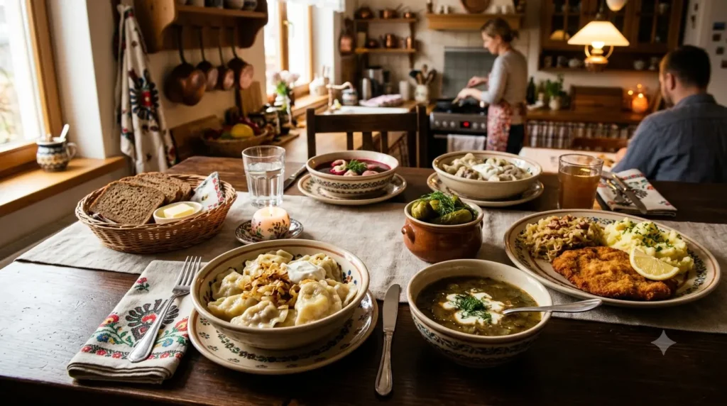 Mesa con pierogis, sopas y kotlet schabowy