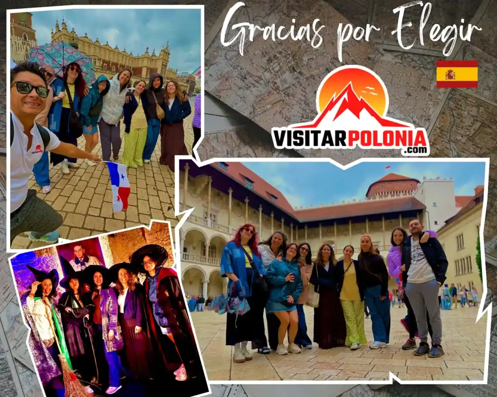 Tres grupos españoles durante el recorrido del 12 de julio de 2026 en Cracovia, caminando bajo la lluvia por la ciudad medieval