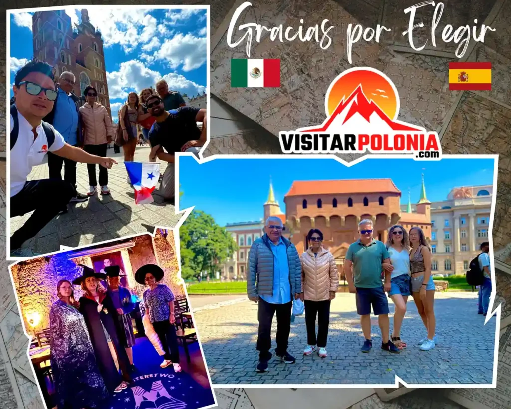 Pareja de México y familia de España durante un recorrido por el casco histórico de Cracovia el 21 de julio de 2026