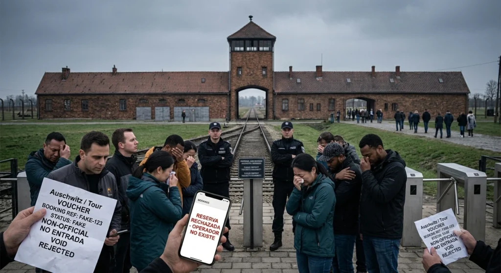 Turistas afectados por tickets falsos en la entrada de Auschwitz.