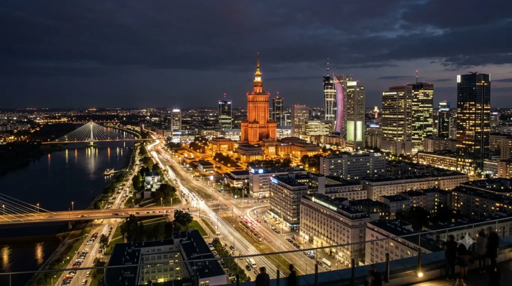 Vista nocturna del skyline de Varsovia