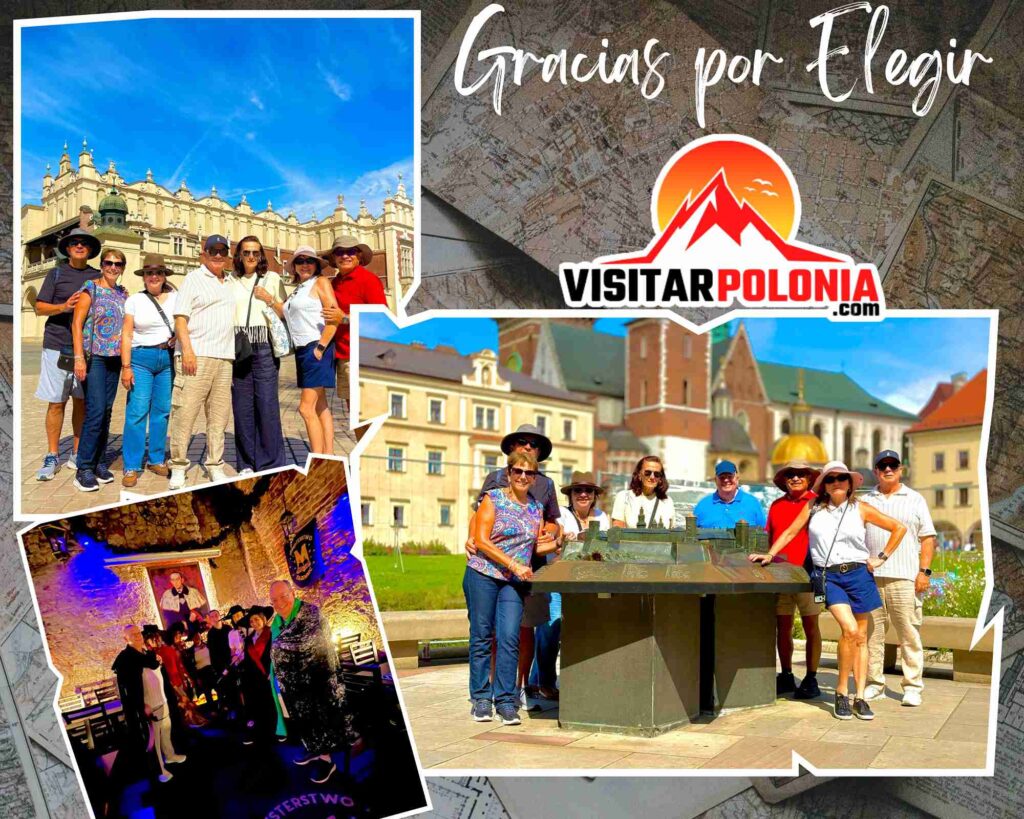 Grupo de ocho amigos latinoamericanos durante el recorrido de la tarde del 31 de agosto de 2026 en Cracovia