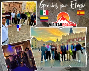 Grupo de viajeros de Mexico, Colombia, Argentina y Espana en el centro historico de Cracovia la tarde del 6 de octubre de 2026