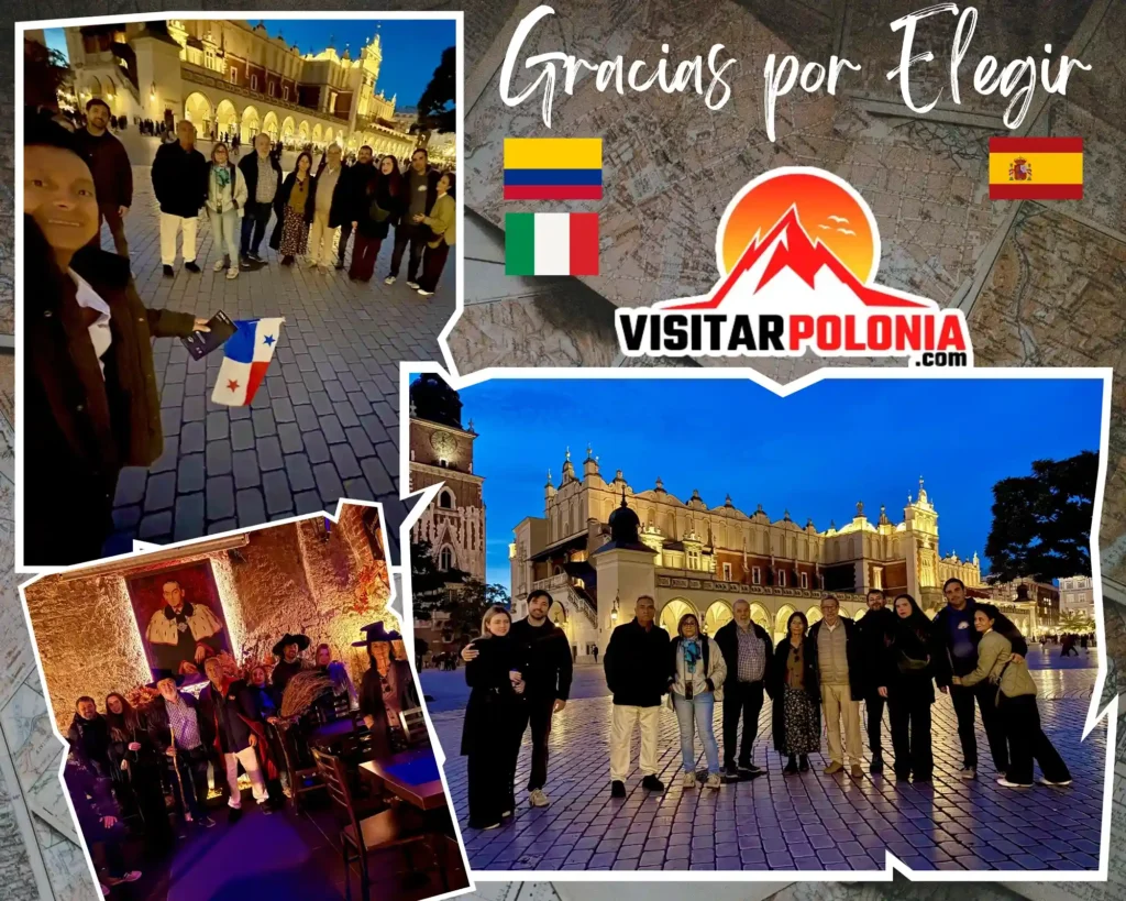 Grupo de viajeros de Espana, Colombia e Italia en el centro historico de Cracovia la tarde del 21 de octubre de 2026