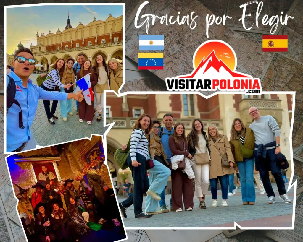 Grupo de viajeros del tour por el centro historico de Cracovia frente a la Plaza del Mercado el 30 de septiembre